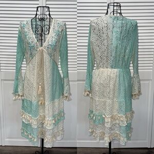 NWT🩵NJ Couture Borak Paris Empire V Neck Aqua & Cream Boho Beaded Dress 🧜‍♀️